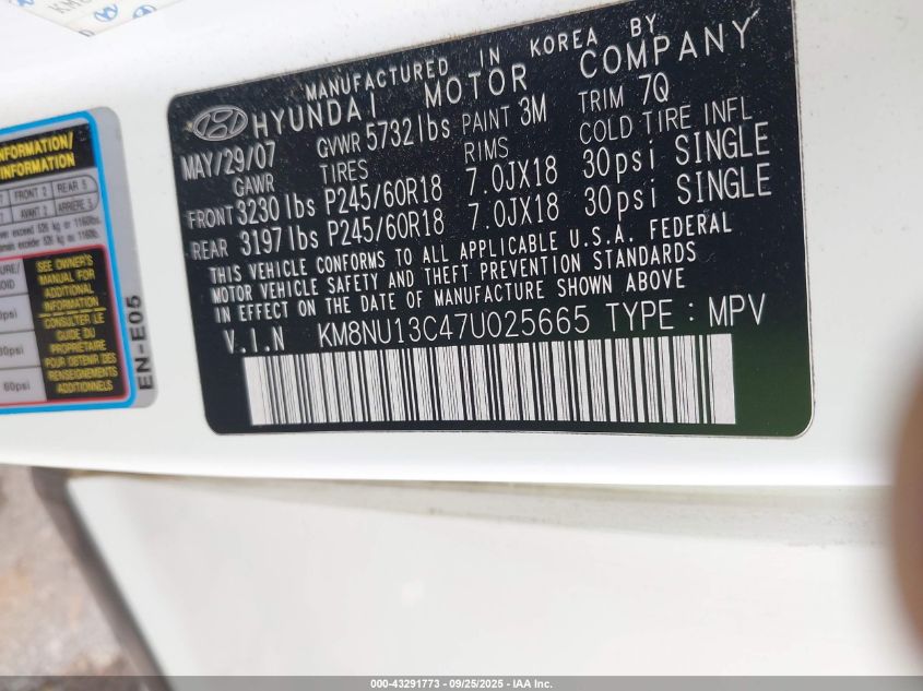 2007 Hyundai Veracruz Gls/Limited/Se VIN: KM8NU13C47U025665 Lot: 43291773