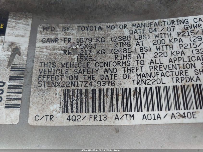 2007 Toyota Tacoma VIN: 5TENX22N17Z419376 Lot: 43291779