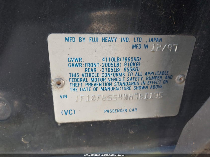 1998 Subaru Forester S VIN: JF1SF6554WH761175 Lot: 43291783