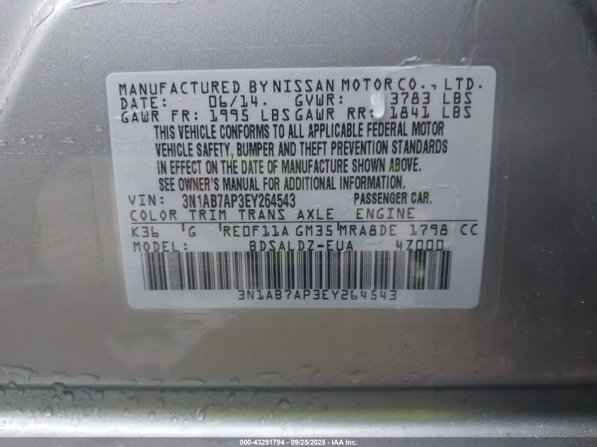 2014 Nissan Sentra Sv VIN: 3N1AB7AP3EY264543 Lot: 43291794