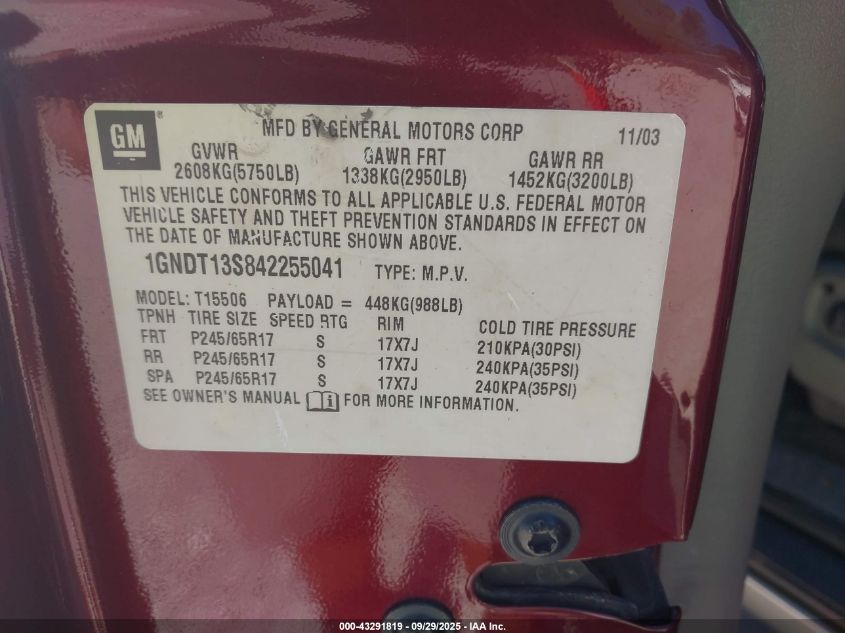 2004 Chevrolet Trailblazer Lt VIN: 1GNDT13S842255041 Lot: 43291819