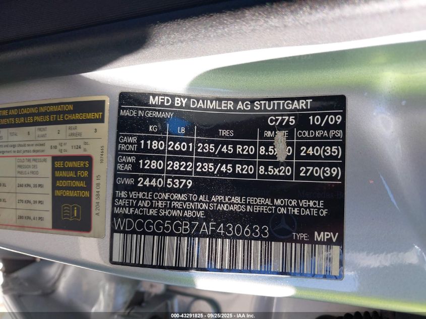 2010 Mercedes-Benz Glk 350 VIN: WDCGG5GB7AF430633 Lot: 43291825