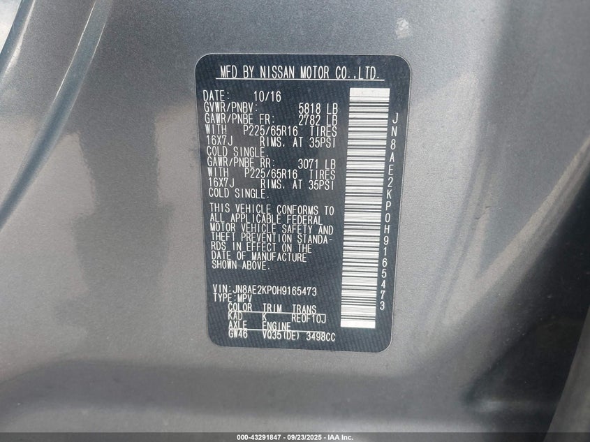 2017 NISSAN QUEST SV JN8AE2KP0H9165473