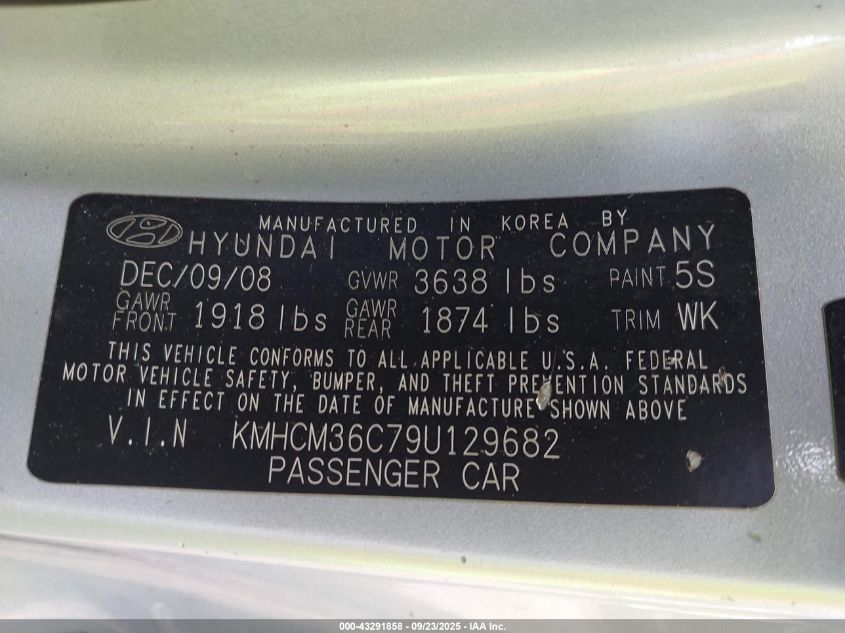 2009 Hyundai Accent Gs VIN: KMHCM36C79U129682 Lot: 43291858