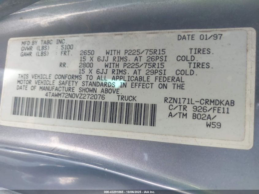 1997 Toyota Tacoma VIN: 4TAWM72N0VZ272076 Lot: 43291865