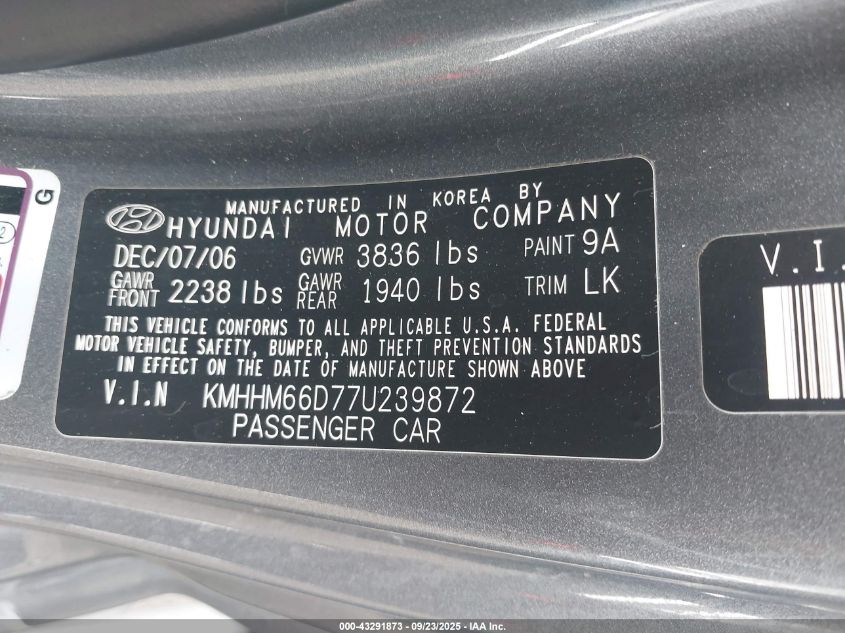 2007 Hyundai Tiburon Gs VIN: KMHHM66D77U239872 Lot: 43291873