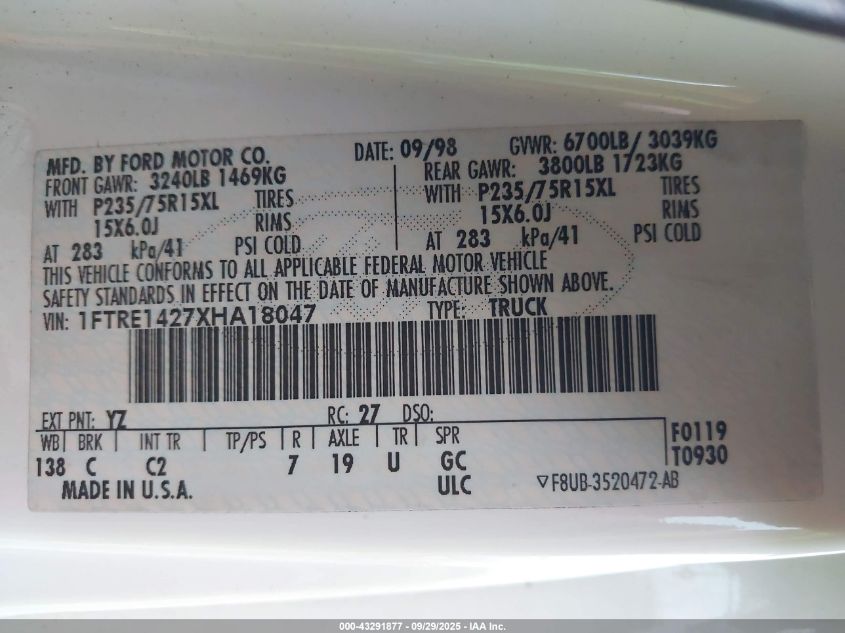 1999 Ford E-150 Commercial/Recreational VIN: 1FTRE1427XHA18047 Lot: 43291877