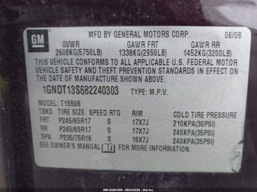 2008 Chevrolet Trailblazer Fleet VIN: 1GNDT13S682240303 Lot: 43291889