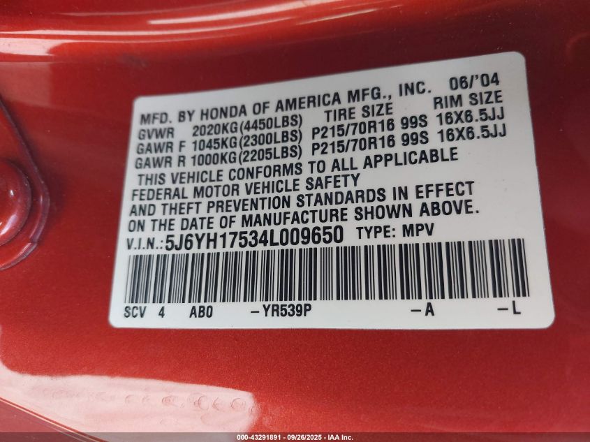 2004 Honda Element Ex VIN: 5J6YH17534L009650 Lot: 43291891