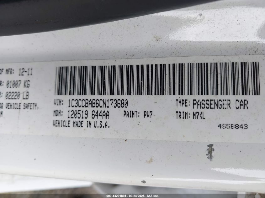 2012 Chrysler 200 Lx VIN: 1C3CCBAB6CN173680 Lot: 43291894