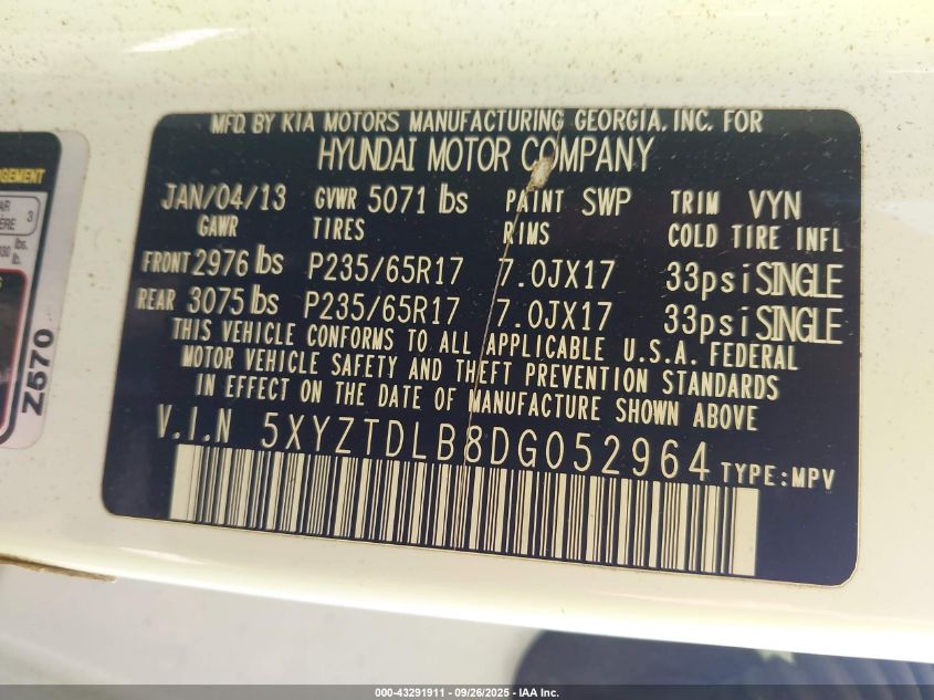 2013 Hyundai Santa Fe Sport VIN: 5XYZTDLB8DG052964 Lot: 43291911