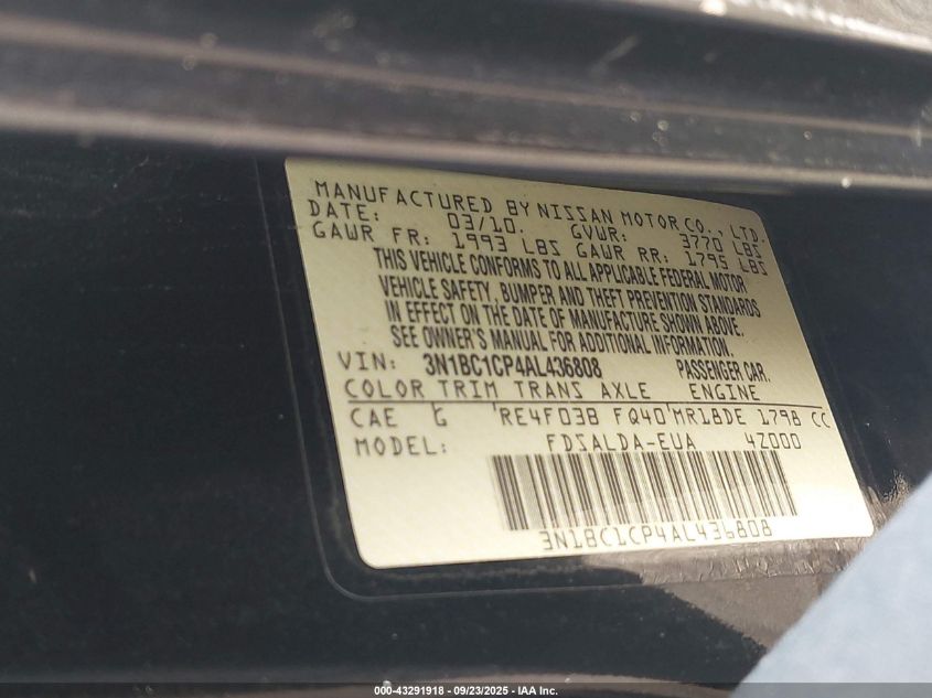 2010 Nissan Versa 1.8S VIN: 3N1BC1CP4AL436808 Lot: 43291918