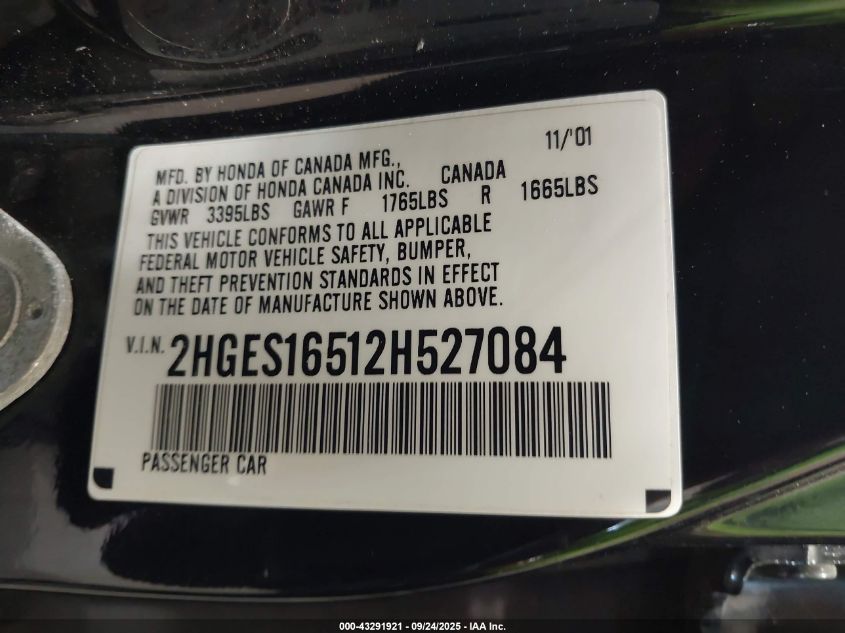 2002 Honda Civic Lx VIN: 2HGES16512H527084 Lot: 43291921