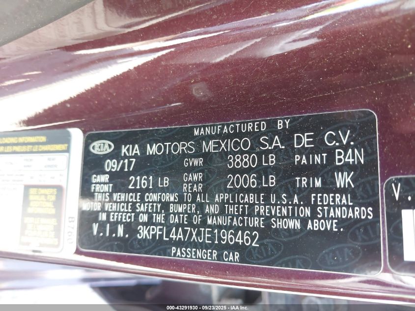 2018 Kia Forte Lx VIN: 3KPFL4A7XJE196462 Lot: 43291930