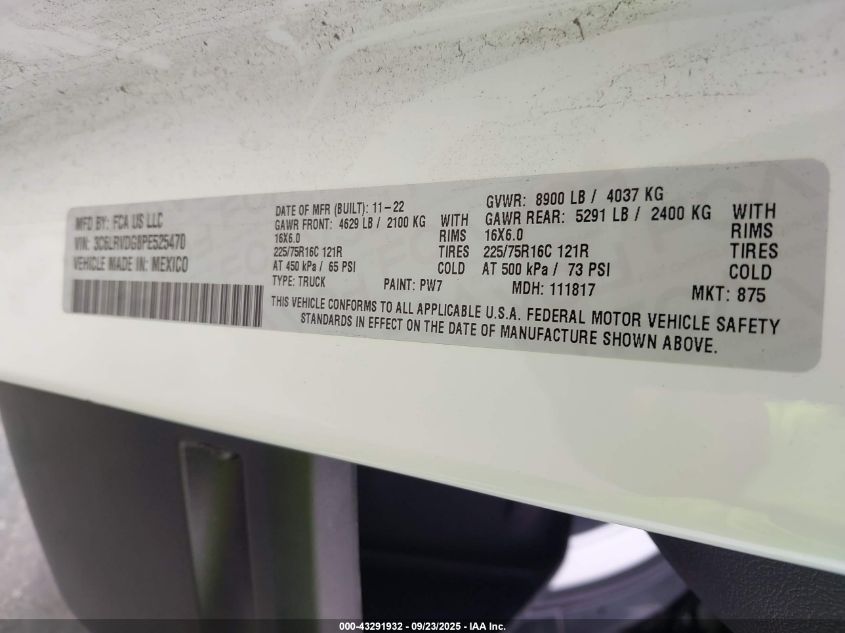 2023 Ram Promaster 2500 High Roof 159 Wb VIN: 3C6LRVDG8PE525470 Lot: 43291932