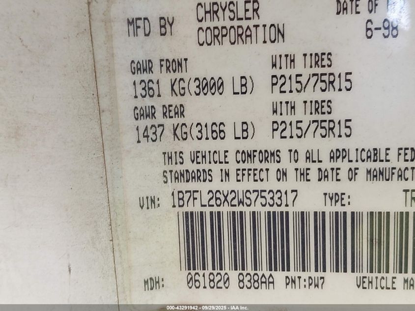 1998 Dodge Dakota Slt/Sport VIN: 1B7FL26X2WS753317 Lot: 43291942