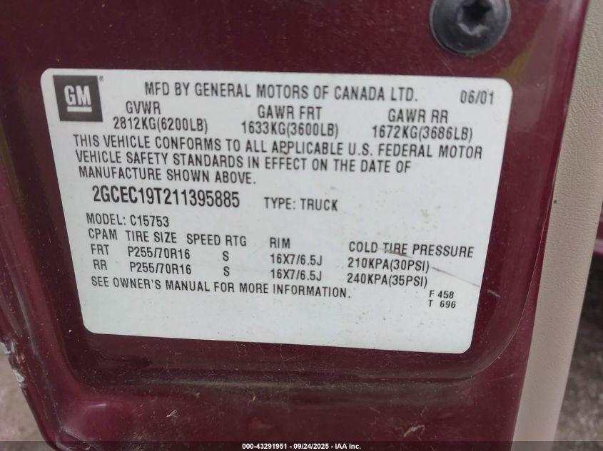 2001 Chevrolet Silverado 1500 Ls VIN: 2GCEC19T211395885 Lot: 43291951