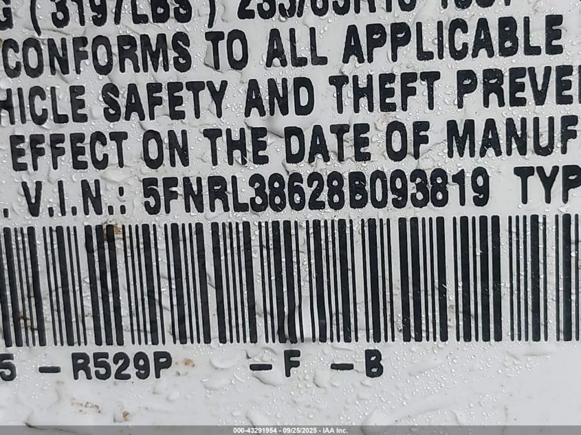 2008 Honda Odyssey Ex-L VIN: 5FNRL38628B093819 Lot: 43291954