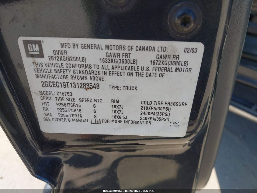 2003 Chevrolet Silverado 1500 Ls VIN: 2GCEC19T131283548 Lot: 43291953