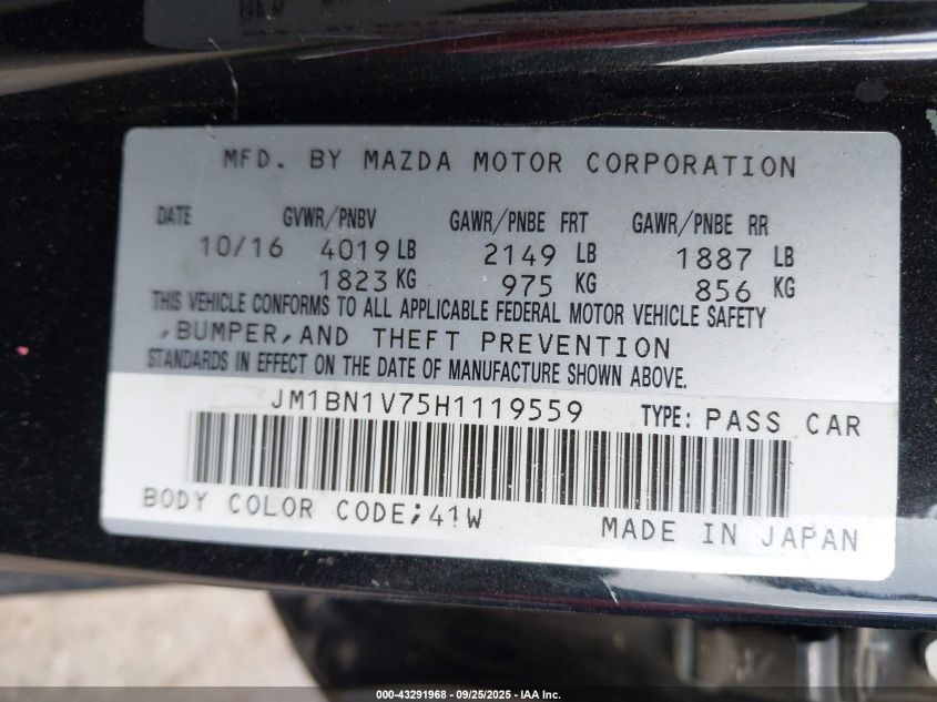 2017 Mazda Mazda3 Touring VIN: JM1BN1V75H1119559 Lot: 43291968