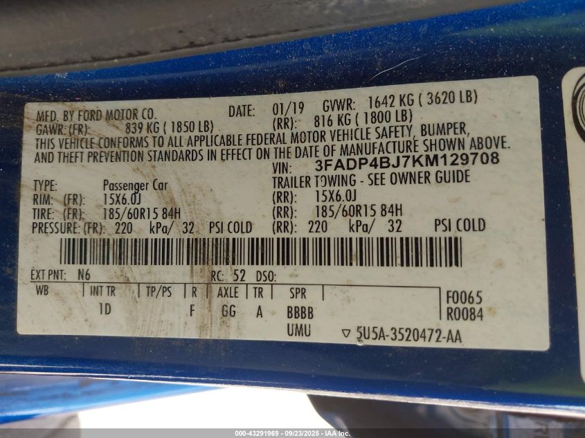 2019 Ford Fiesta Se VIN: 3FADP4BJ7KM129708 Lot: 43291969