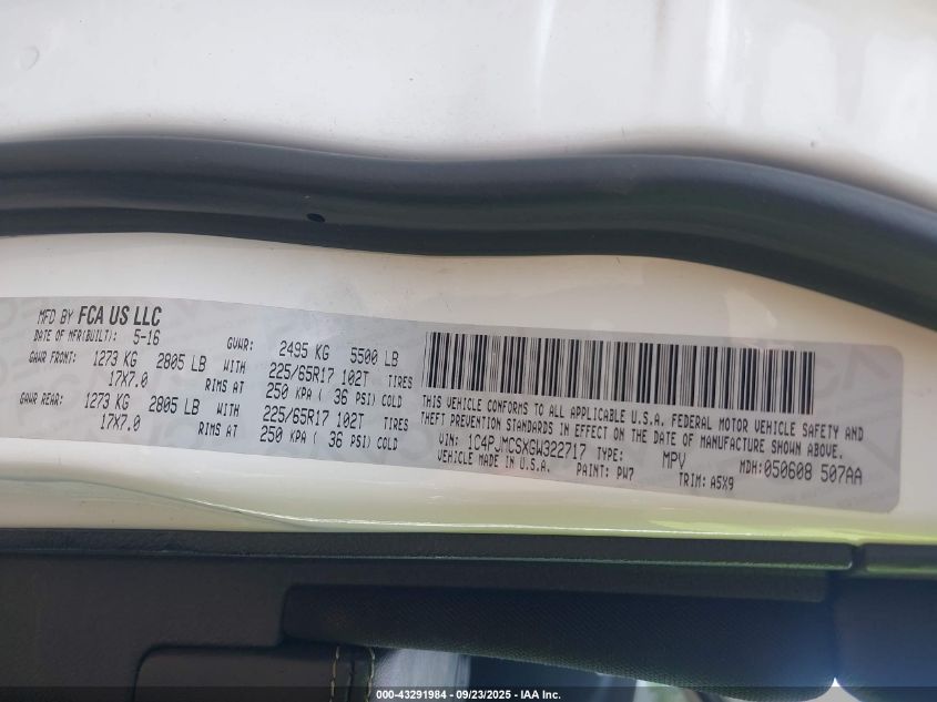 2016 Jeep Cherokee Latitude VIN: 1C4PJMCSXGW322717 Lot: 43291984