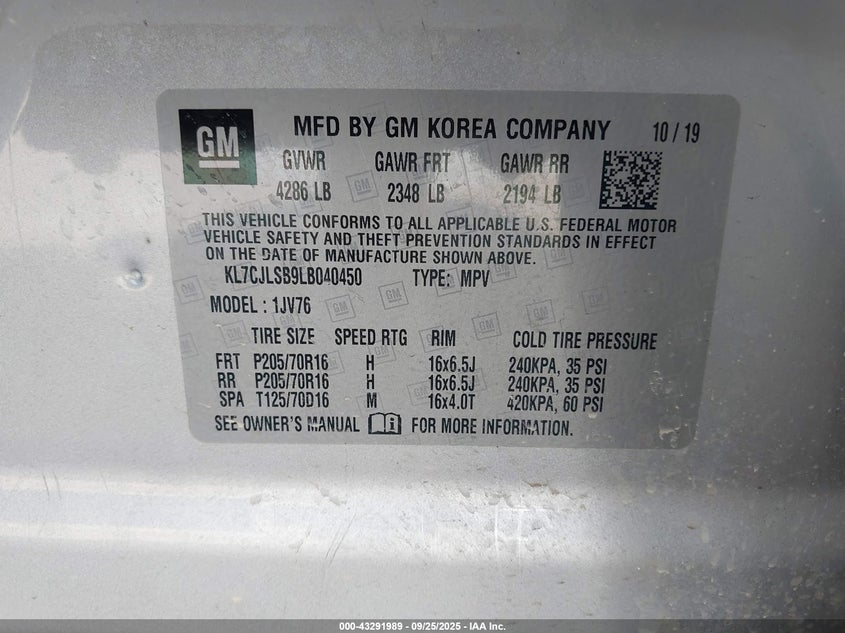 2020 CHEVROLET TRAX FWD LT - KL7CJLSB9LB040450