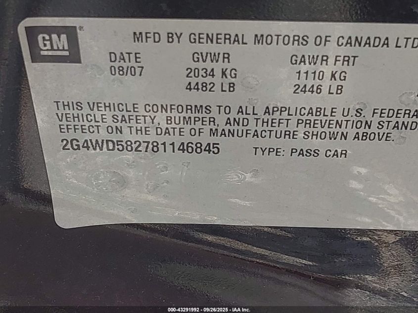2008 Buick Lacrosse Cxl VIN: 2G4WD582781146845 Lot: 43291992