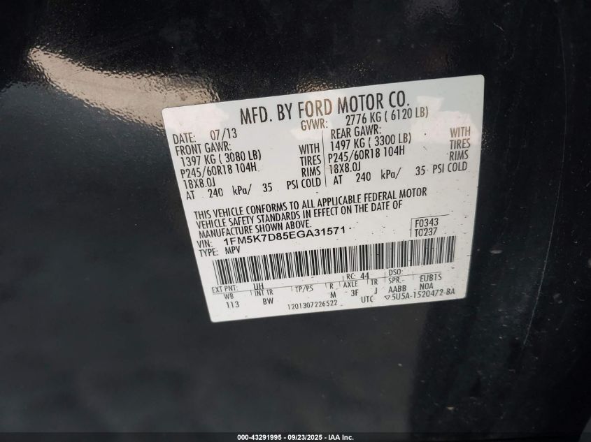 2014 Ford Explorer Xlt VIN: 1FM5K7D85EGA31571 Lot: 43291995