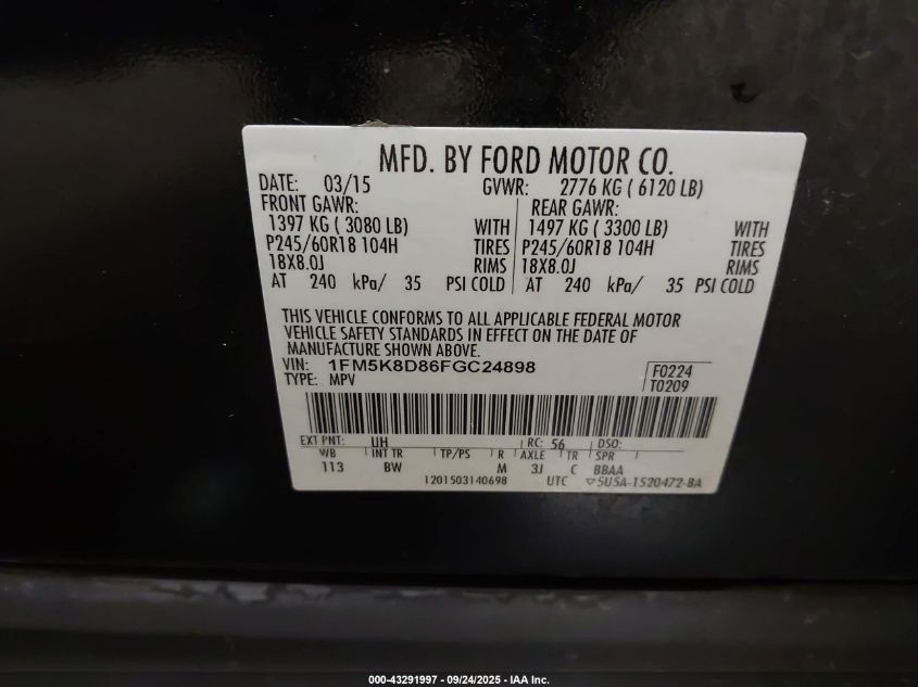 2015 Ford Explorer Xlt VIN: 1FM5K8D86FGC24898 Lot: 43291997