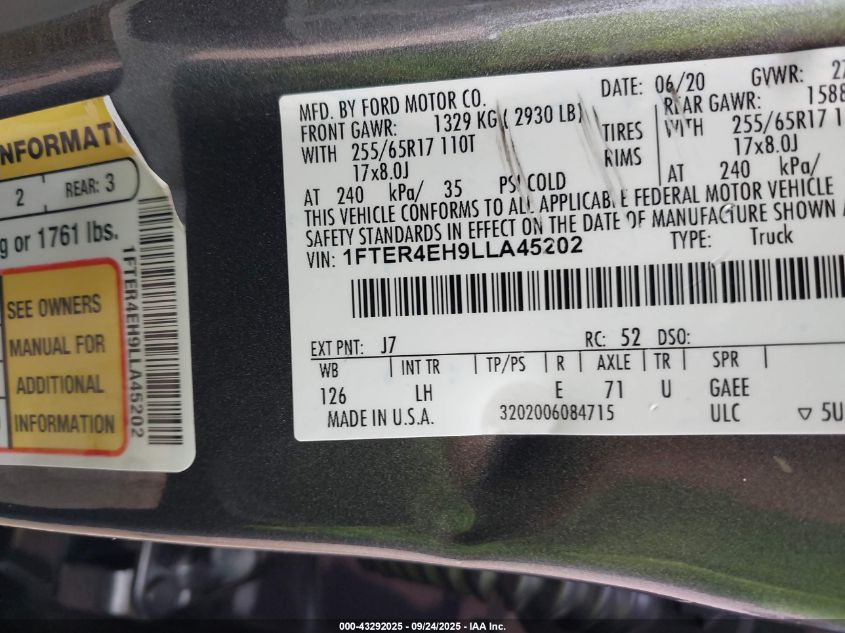 2020 Ford Ranger Xl/Xlt/Lariat VIN: 1FTER4EH9LLA45202 Lot: 43292025