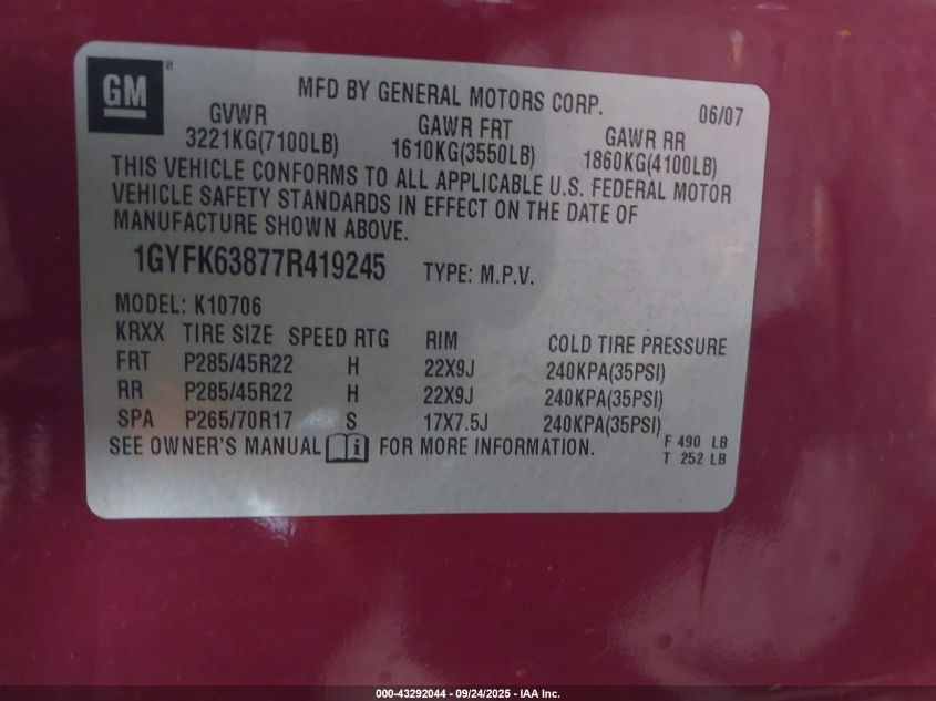 2007 Cadillac Escalade Standard VIN: 1GYFK63877R419245 Lot: 43292044