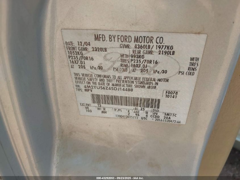 2005 Mercury Mariner Convenience VIN: 4M2YU56Z45DJ14488 Lot: 43292053