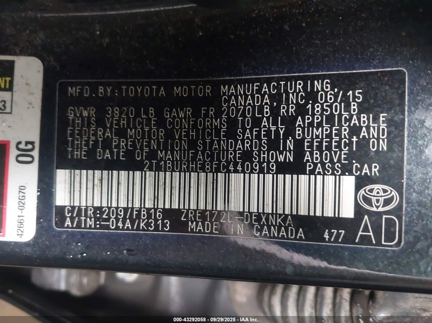 2015 TOYOTA COROLLA LE 2T1BURHE8FC440919