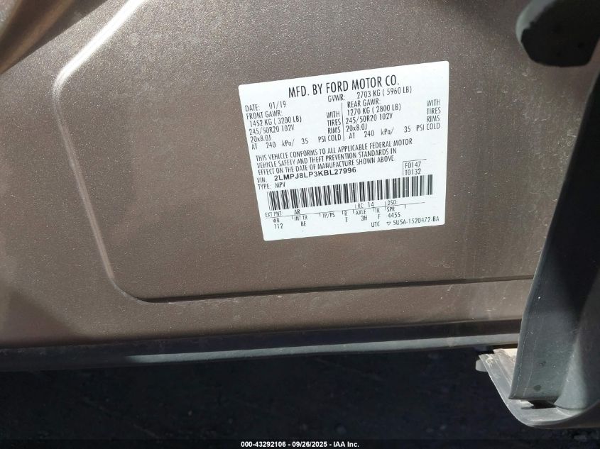 2019 Lincoln Nautilus Reserve VIN: 2LMPJ8LP3KBL27996 Lot: 43292106