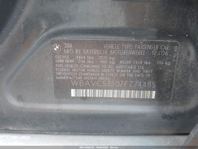 2007 BMW 328I VIN: WBAVC53507FZ74485 Lot: 43292107