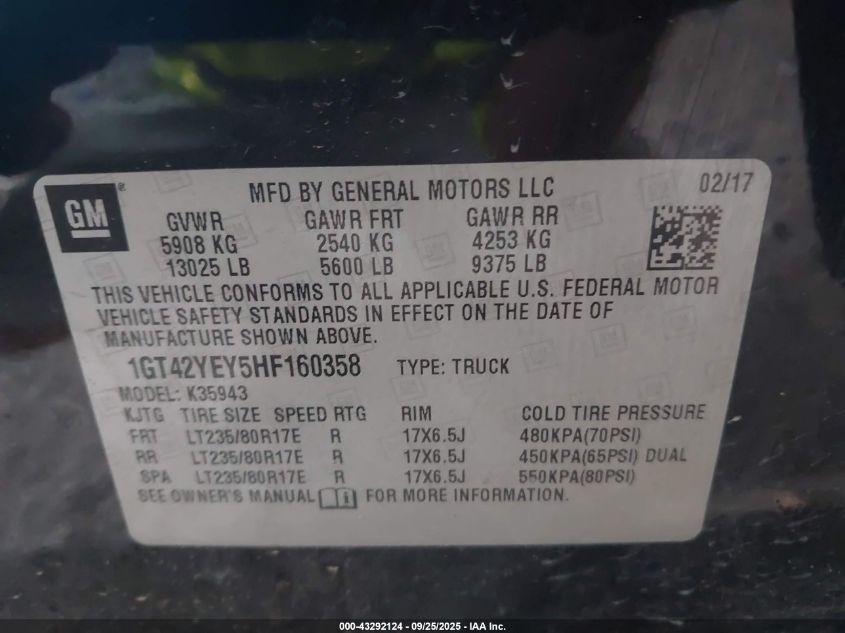 2017 GMC Sierra 3500Hd Denali VIN: 1GT42YEY5HF160358 Lot: 43292124