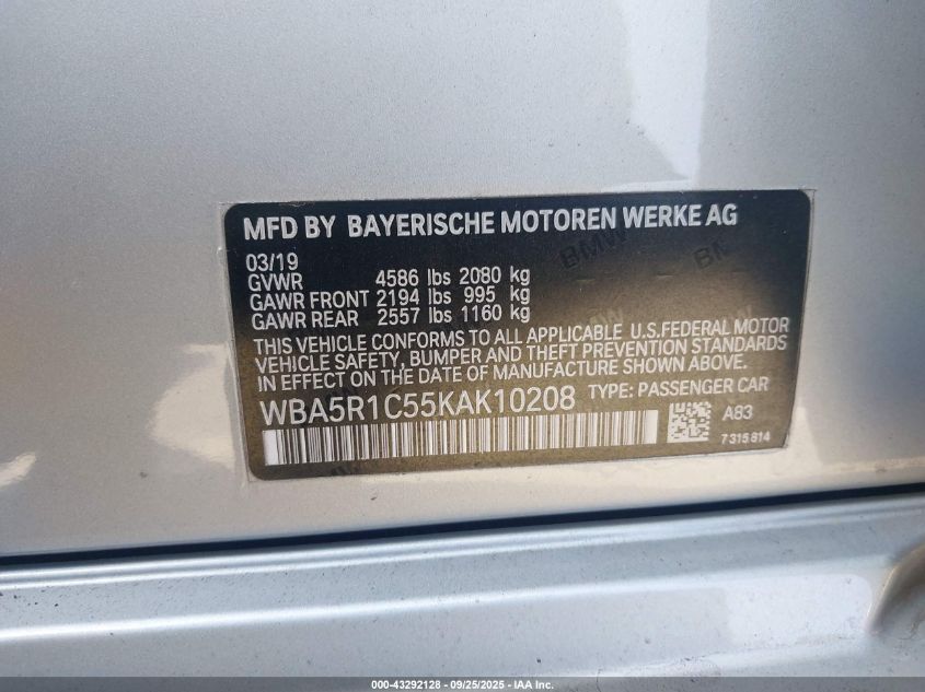 2019 BMW 330I VIN: WBA5R1C55KAK10208 Lot: 43292128
