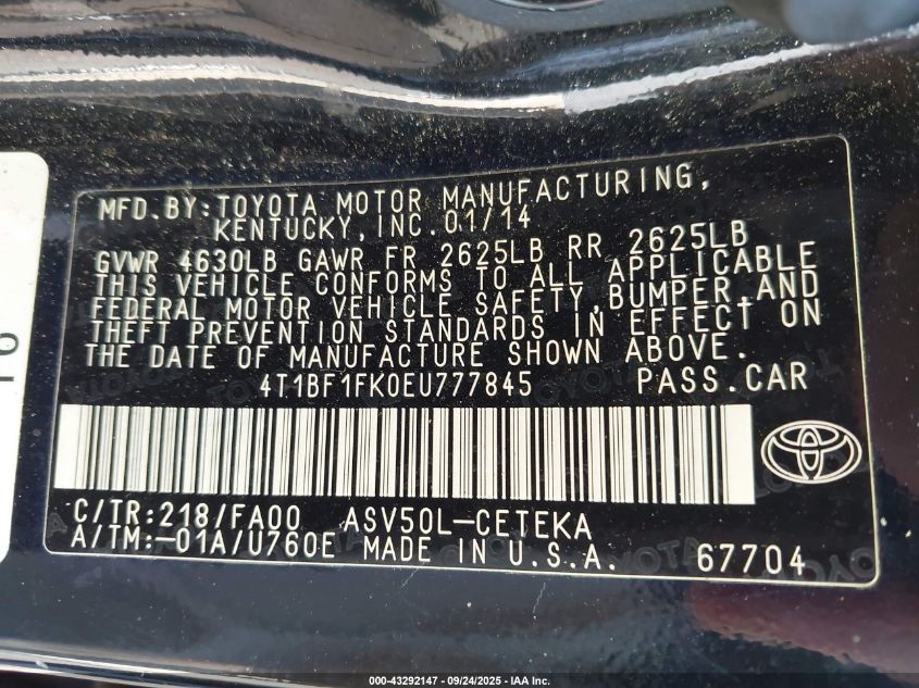 2014 Toyota Camry L VIN: 4T1BF1FK0EU777845 Lot: 43292147