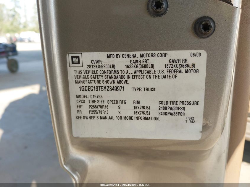 2000 Chevrolet Silverado 1500 Lt VIN: 1GCEC19T5YZ349971 Lot: 43292151