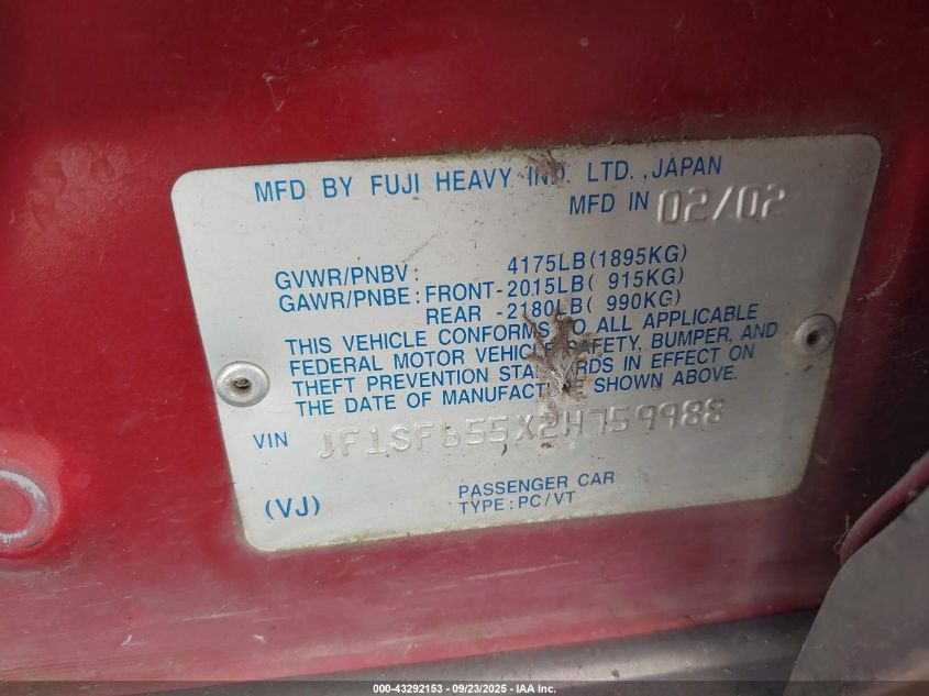 2002 Subaru Forester S VIN: JF1SF655X2H759988 Lot: 43292153