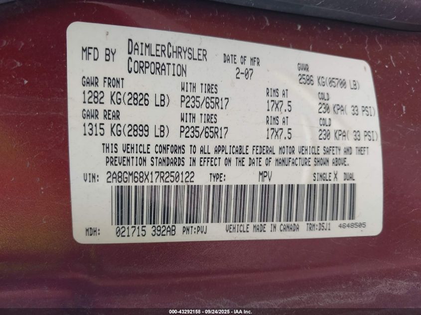 2007 Chrysler Pacifica Touring VIN: 2A8GM68X17R250122 Lot: 43292158