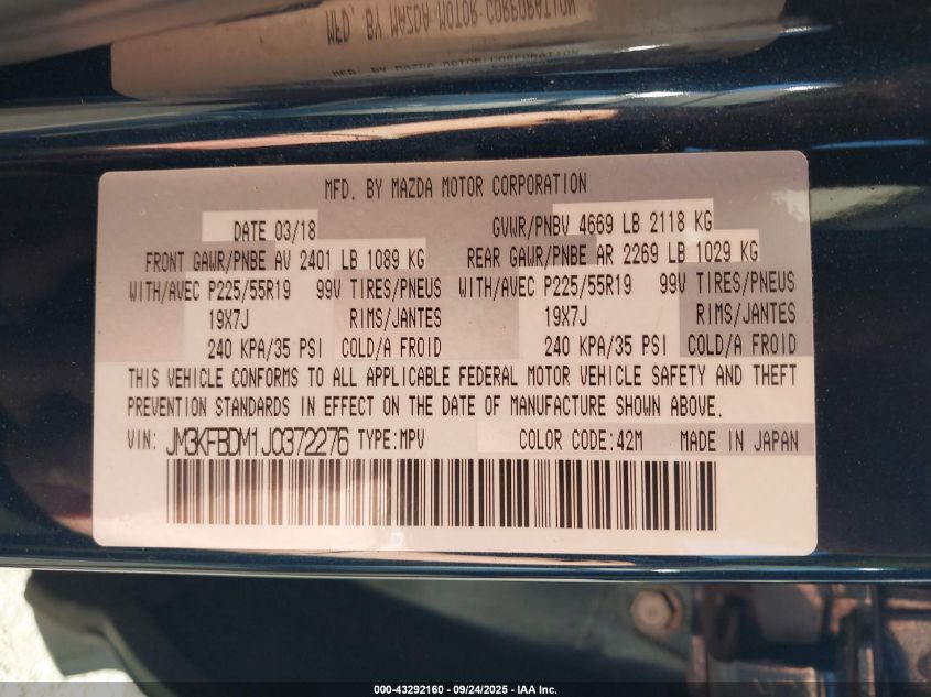 2018 Mazda Cx-5 Grand Touring VIN: JM3KFBDM1J0372276 Lot: 43292160