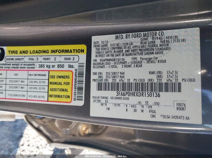 2013 Ford Fusion Se VIN: 3FA6P0HRXDR150136 Lot: 43292163