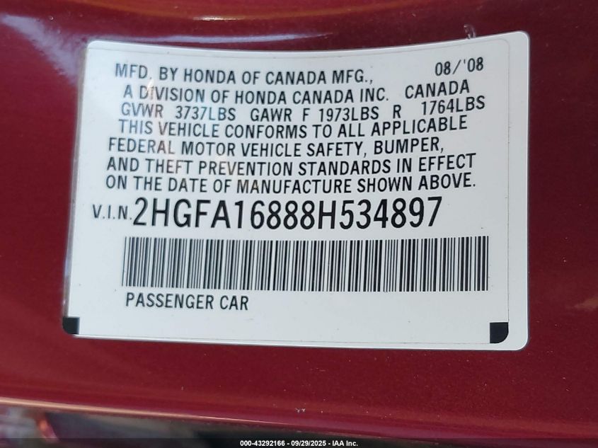 2008 Honda Civic Ex VIN: 2HGFA16888H534897 Lot: 43292166
