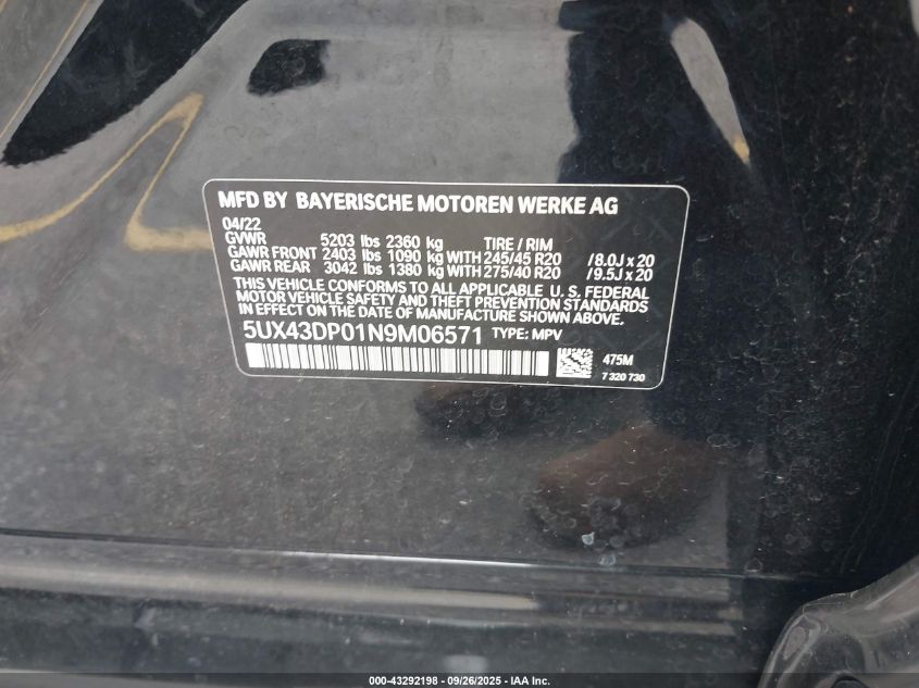 2022 BMW X3 Sdrive30I VIN: 5UX43DP01N9M06571 Lot: 43292198