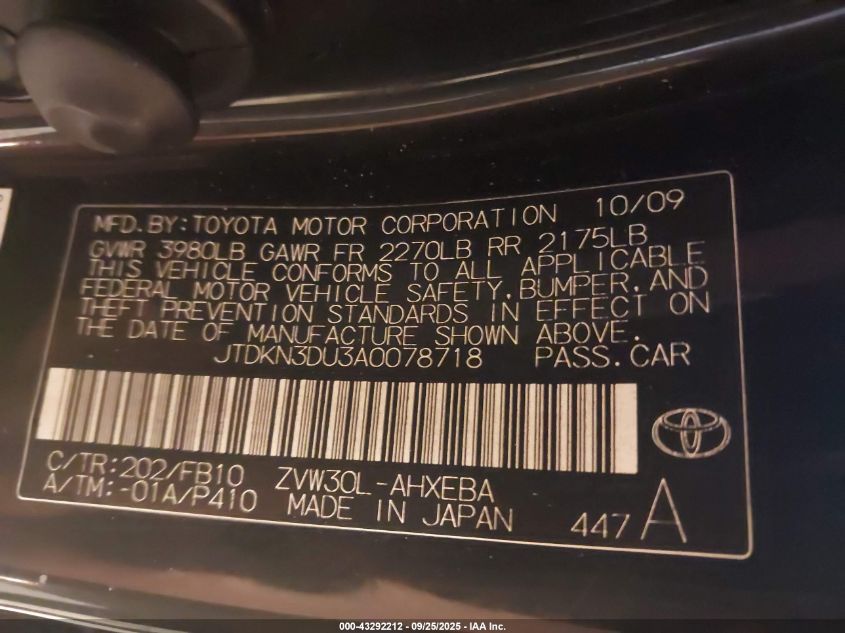 2010 Toyota Prius Iii VIN: JTDKN3DU3A0078718 Lot: 43292212