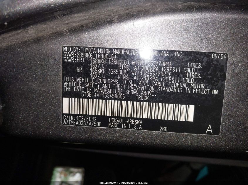 2005 Toyota Tundra Sr5 V8 VIN: 5TBBT44115S458606 Lot: 43292218