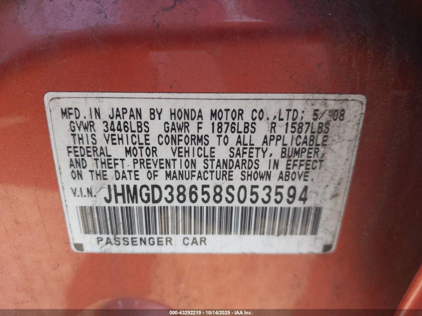 2008 Honda Fit Sport VIN: JHMGD38658S053594 Lot: 43292219
