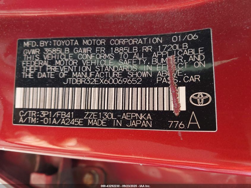 2006 Toyota Corolla Le VIN: JTDBR32EX60069652 Lot: 43292230